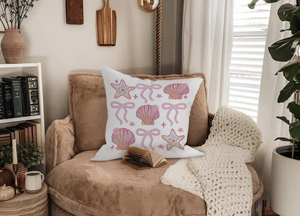 ETVISO Preppy Beach Room Decor, Coastal Glitter Seashell Bow Pillow Cover 18x18, Trendy Coquette Pearl Bow Seashells Decorative Throw Pillow Case for Girls Bedroom Home Drom Apartment