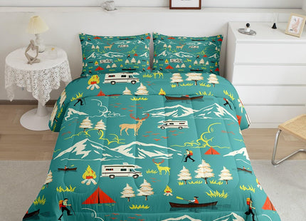 Kids Camping Comforter Set Twin Size, Farmhouse Camper Car Bedding Set, Deer Wild Animals Bedding Comforter Sets, Mountain Adventure Down Comforter, Firemen Woodland Duvet Insert, 2Pcs Green