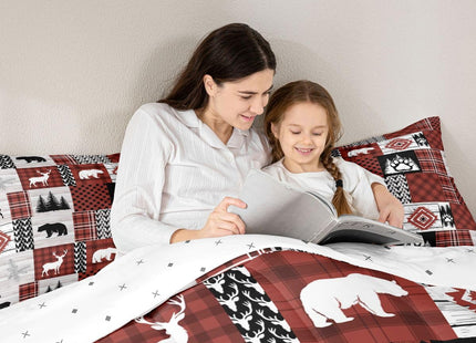 Feelyou Bear Bedding Set Soft for Boys Girls, Cute Deer Comforter Set Toddler Size Western Country Duvet Quilt Microfiber Rustic Cabin Bedroom 2 Pcs with 1 Pillow Cases