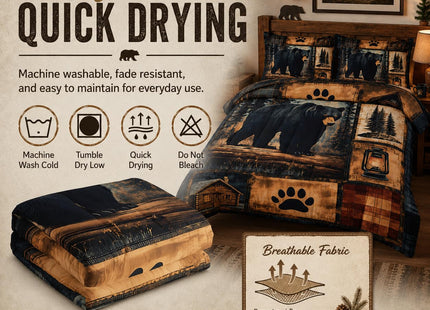 AILONEN Black Bear Comforter Set Queen Size,Rustic Bear Bedding Set for Kids Boys Girls,3-Piece Wildlife Themed Hunting Comforter with 2 Pillowcases