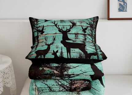 Deer Hunting Comforter Set Full Size,Elk Anlter Hunter Quilt for Men Boys Adults,Farmhouse Camping Home Bedroom Decor Wooden Pine Trees Duvet Insert Woodland Wildlife Silhouette Bedding Set,3Pcs