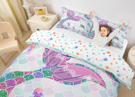 Erosebridal Mermaid Bedding Set,Nautical Sea Animal Kawaii Duvet Cover Full Mermaid Gifts for Girls,Fish Scale Sparkle Sequins Comforter Cover Ocean Bed Sets Aquarium Marine Life Bedroom Decor…