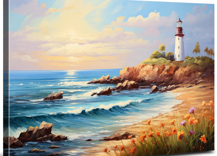 Sunset Lighthouse Wall Art Beach Pictures Bathroom Decor Abstract Coastal Canvas Prints Ocean Wave Seascape Wildflower Painting Nature Landscape Artwork for Living Room Office Home Decorations 12x16"
