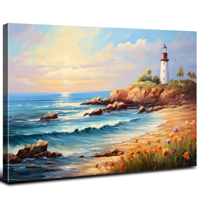 Sunset Lighthouse Wall Art Beach Pictures Bathroom Decor Abstract Coastal Canvas Prints Ocean Wave Seascape Wildflower Painting Nature Landscape Artwork for Living Room Office Home Decorations 12x16"