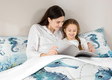 Manfei Hippocampus Comforter Set Twin Size, Sea Turtle Seahorse Octopus Quilt Set with 1 Pillowcase, Nautical Anchor Compass Bedding Set 2pcs for Kids Boy Girls Marine Life Duvet Insert