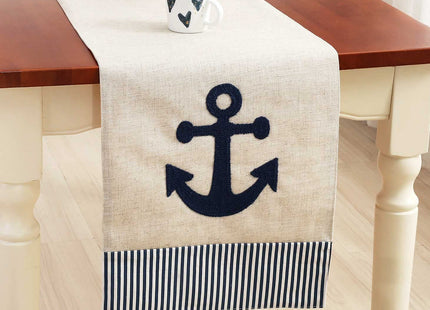 DECOPOW Embroidered Anchor Linen Table Runner ,14 Inches x 72 Inches (Navy Stripe)