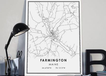 QJWZZong Farmington Maine Map Black And White Lines Minimalist City Topography Canvas Posters Wall Art Bedroom Office Room Decor Gift Frame 12" L X 18" W