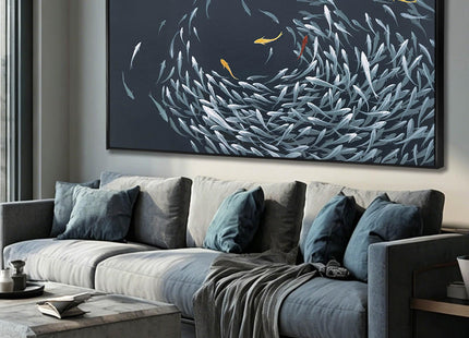 Framed Wall Art,Sea Fish Wall Decor for Living Room,Blue Beach Theme Artwork,Coastal Large Pictures Poster Prints Arts for for Bedroom Dining Room 29"x58"