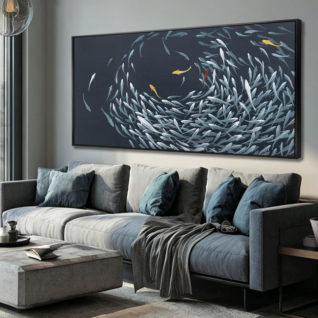 Framed Wall Art,Sea Fish Wall Decor for Living Room,Blue Beach Theme Artwork,Coastal Large Pictures Poster Prints Arts for for Bedroom Dining Room 29"x58"