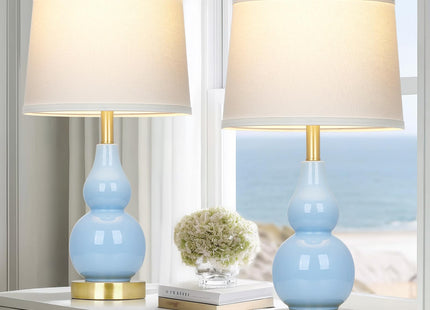 25" Modern Ceramic Table Lamps Set of 2, Blue Double Gourd Ceramic Lamps for Living Room, Coastal Farmhouse Rustic Bedside Nightstand Nautical Lamps for Bedrooms Home Office Dorm(2 LED Bulbs Included)