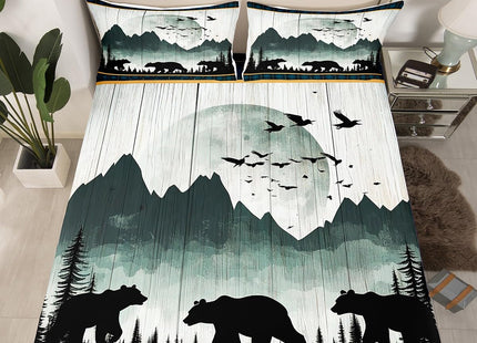 Rustic Bear Fitted Sheet Twin for Adult Women Wild Animal Bear Print Bedding, Western Farmhouse Theme Bed Sheets for Boys Girls Blue Grids Decor Bed Set, Old Barn Door Print Fitted Sheet