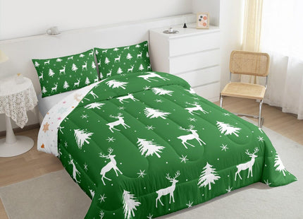 Manfei Christmas Deer Girls Bedding Set Twin Size, Snowflake Pine Tree Comforter Set，Rustic Farmhouse Xmas Quilt Comforter for Boys Teens,Green White Room Decor All Season,1 Pillowcase