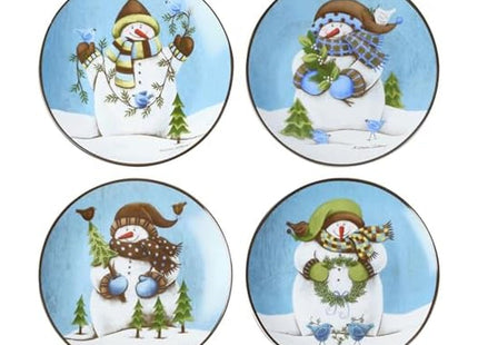 Pfaltzgraff Evergreen Ernie Snowman Porcelain Salad Plates, Set of 4, 8 Inch, Blue