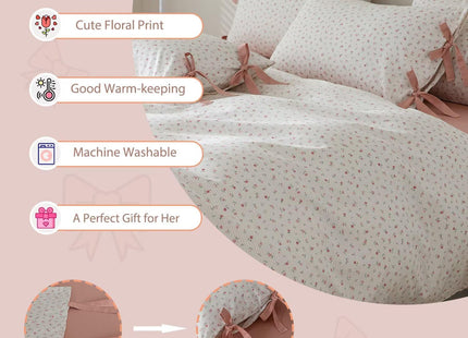 MKXI White Pink Floral Duvet Cover Twin Size Forest Animals Duvet Cover Set Girls Aesthetic Bedding Cute Print Duvet Covers Comfy Cotton Bed Cover