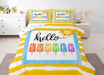 Erosebridal Kids Summer Beach Comforter Set Twin, Yellow Stripes Bedding Set for Girls Boys Teens Women Men Bedroom, Summer Funny Geometric Comforter, Sun Colorful Ice Cream Popsicle Quilt