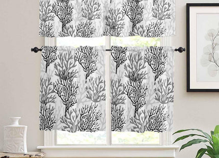 Hokiten Black Gray Coral Coastal Curtains Valance and Tier Set, Beach Nautical Rod Pocket Tier Curtain 24 Inch Length, Summer Small Window Treatment Panel Drapes for Kitchen Sink, 54" x 18"+55" x 24"