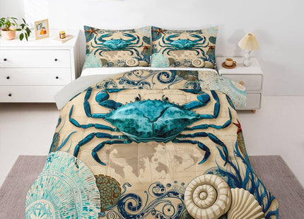 Sea Beach Theme Comforter Set Kids Beach Crabs Print Queen Bedding 3D Sea Animal Crab Luxury Microfiber Quilted Duvet Set with 2 Pillowcases,Soft Lightweight Marine Life Decorative Bedding Soft Fluffy