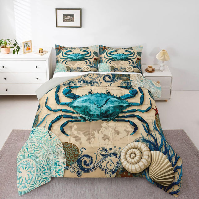 Sea Beach Theme Comforter Set Kids Beach Crabs Print Queen Bedding 3D Sea Animal Crab Luxury Microfiber Quilted Duvet Set with 2 Pillowcases,Soft Lightweight Marine Life Decorative Bedding Soft Fluffy