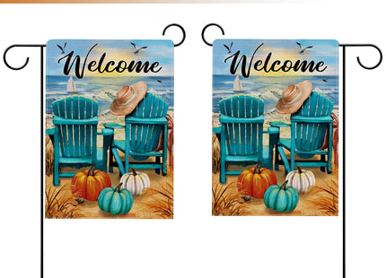 Hzppyz Welcome Fall Sea Pumpkin Garden Flag Double Sided, Autumn Beach Ocean Chairs Coastal Decorative Yard Outdoor Home Small Decor, Seagull Sailboat Nautical Outside House Decoration 12 x 18