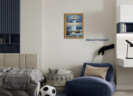 Moarmxiy Blue Ocean Island Lighthouse Wall Art, 24x16inch Wood Framed