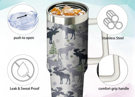 40oz Moose Stainless Steel Tumbler with Handle and Straw, Insulated Cup Travel Coffee Mug Water Bottle with Lid and Straw, Animal Lovers Women Gifts