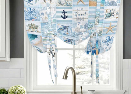 Blue Coastal Tie Up Curtains for Small Windows,Adjustable Rod Pocket Ocean Turtle Starfish Coral Valance 45 Inch Short for Bathroom Kitchen,Nautical Anchor Octopus Balloon Roman Blind Shade,34" x 45"