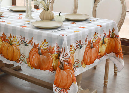 Softalker Fall Tablecloth Rectangle, Grey Buffalo Plaid with Pumpkins