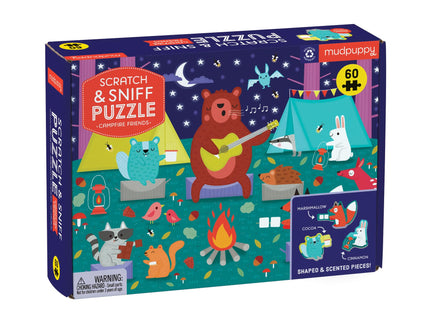 Campfire Friends Scratch and Sniff Puzzle from Mudpuppy - 60 Piece Jigsaw Puzzle with 6 Shaped Pieces, Features Colorful Illustrations, 3 Campfire Scents, Ages 4+