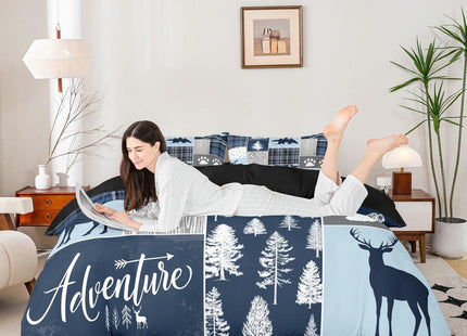 Hunting Bear Deer Comforter Cover, Buffalo Plaid Duvet Cover Twin Size Rustic Cabin Patchwork Bedding Set For Kids Boys Teens Adult, Farmhouse Cowboy Woodland Bed Set With 1 Pillow Case, Blue Grey
