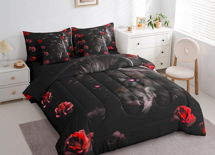 Erosebridal Black Wolf Bed in a Bag Queen Comforter Set 7 Piece,Red Rose Bedding Sets Romantic Flowers Bed Sheets,Wild Woodland Animals Sheet Set with Comforter