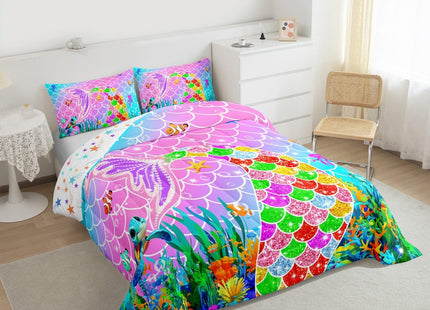 Feelyou Mermaid Comforter Set Toddler Size Ocean Fish Scales Bedding Set for Kids Boys Girls Rainbow Duvet Quilt Nautical Sea Animal Bedroom Decor Underwater Theme 2 Pcs with 1 Pillow Cases