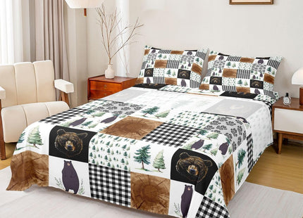 Kids Rustic Black Bear Bed Sheets Twin Woodland Animal Fitted Sheet For Boys Teen Men,Patchwork Black White Grey Buffalo Plaid Sheet Set Farmhouse Wooden Pine Tree Bear Paw Flat Sheet 3 Pcs