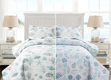 Oliven Reversible Coastal Beach Theme Quilt Set Queen/Full Size Ocean Coral Bedding Seaweed Bedspread Ocean Life Blue Green White Shell Starfish Coverlet Summer Lightweight Beach Daybed Sets
