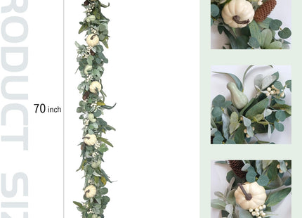Egolot 70 Inch Fall White Pumpkin Green Leaves Garland for Front Door, Fall Green Leaves Garland with Berries Pinecone Pumpkin for Indoor Outdoor, Fall Home Decor