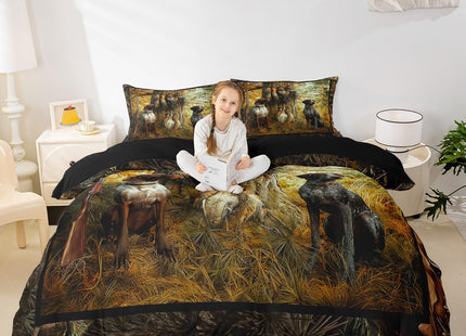 Erosebridal Pheasant Hunting Duvet Cover Twin Size Black Dog Bedding Set Boho Farmhouse Wild Animals Comforter Cover Woodland Leaves Hunter Gun Room Decor Quilt Cover for Men Boys Adults Kid