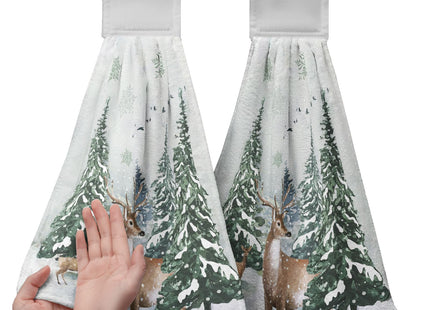 Cneztholim Winter Deer Hand Towels with Hanging Loop Pine Tree Snowflake Tie Towel 2Pcs Snow Hanging Kitchen Towels Decorative Tea Towel Soft Absorbent Washcloth for Home Bathroom Decor