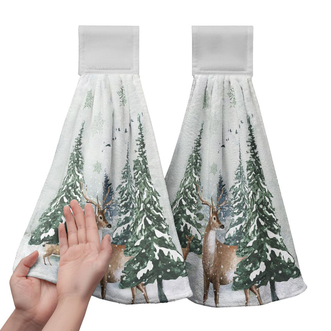 Cneztholim Winter Deer Hand Towels with Hanging Loop Pine Tree Snowflake Tie Towel 2Pcs Snow Hanging Kitchen Towels Decorative Tea Towel Soft Absorbent Washcloth for Home Bathroom Decor