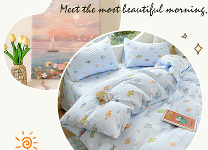 HighBuy Children Muslin Cotton Duvet Cover Queen Ocean Fish Printing Blue Bedding Duvet Cover Set 3 Piece for Kids Boys Teens Gauze Yarn-Dyed Comforter Cover Queen with 2 Pillow Shams