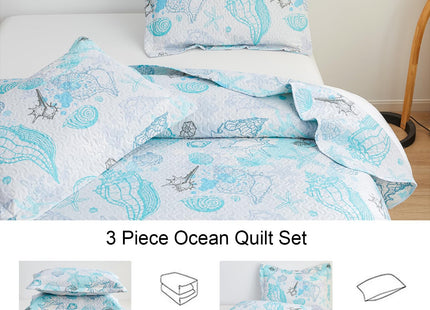 Hailea Beach Quilt Set King Size Coastal Bedding Lightweight Reversible Quilts Nautical Bedspreads Beach Theme Coverlet Set Conch Coral Shell Printed Comforter Set with 2 Pillow Shams