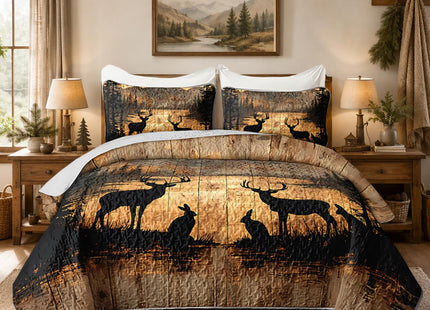 HOSIMA Forest Deer King Size Quilt Hunting Bedspread with 2 Pillowcases.