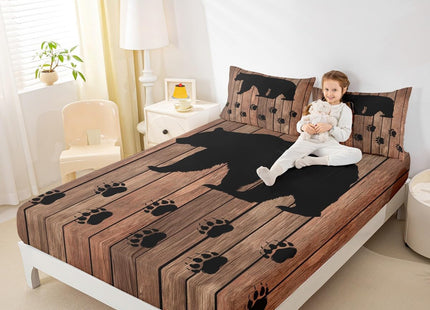 Black Bear Sheet Set Queen,Rustic Brown Farmhouse Wooden Board Bed Sheets Woodland Animal Bedding Sheets For Kids Boys Teens Men,Bear Paws Fitted Sheet + Countryside Flat Sheet + 2 Pillow Cases