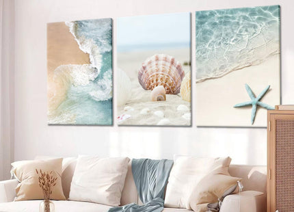 3pcs Beach Coast Canvas Wall Art Summer Beach Ocean Waves Shells Starfish Print Decoration Painting Blue Ocean Posters Prints for Living Room Bedroom Kitchen Sea View Room Wall Decor 16×24Inch