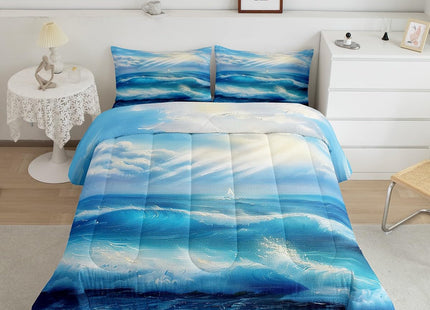 Erosebridal Sea Waves Comforter Set Twin Size, Sunset Down Comforter, Nautical Quilted Duvet, Coastal Nature Theme Duvet Insert, Blue Washable Super Soft Breathable Reversible Room Decoration