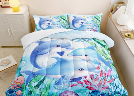 XYNHML Dolphins Animal Aqua Blue Green Sea Comforter 3pcs Twin Kids Coral Jellyfish Comforter Set for Boys Girls Ocean Waves Bedding Fish Quilt Bed Set with 1 Comforter and 2 Pillowcases