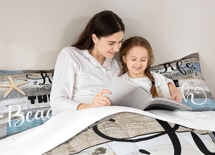 Castle Fairy Rustic Farmhouse Comforter Set King Size Beach Life Bedding 3pcs for Room Decor Blue Grey Stripes Quilted Duvet Ocean Starfish Cabin Wood Insert,2 Pillowcases(CYJS9693ZMD-BZ_USk)