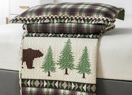 Lodge Quilts Set King Size, 3Pcs Rustic Cabin Brown Bear Bedding Green Pine Tree Bedspread Coverlet Lightweight Soft Reversible Plaid Stripe Bed Cover Set Country Decor for All Season(96"x 108")