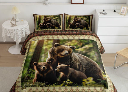 Black Bear Decor Comforter Set Twin Size,Rustic Cabin Wildlife Bear Duvet Insert for Kids Boys Girls Room Decor,Bohemia Exotic Flower Design Quilt Retro Country Style Inner Fill Bedding,Soft