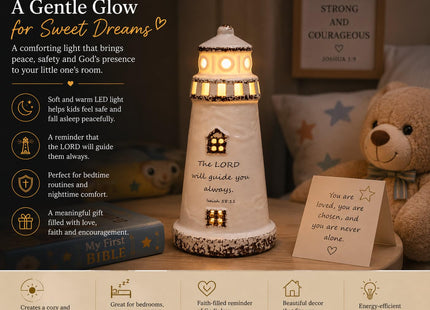 DAILYBREAD Christian Lighthouse Lamp – Small Ceramic Night Light with Bible Verse, Inspirational Faith Gift for Kids, Students,Baptism,Birthday,Journey,Warm Light Up Decor for Bed Room or Desk 5" H