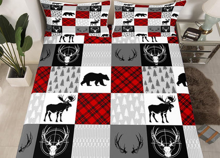 Plaid Deer Bear Bed Sheet Set Twin Size,Wild Animal Arrow Hunting Antler Patchwork Fitted Sheet with 1 Flat + 1 Pillow Sham,Rustic Red Buffalo Grid Bedding Set for Kids Boys Bedroom Decor