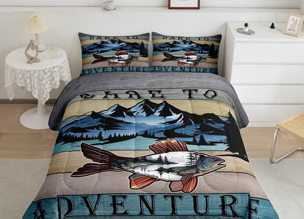 Erosebridal Bass Fishing Comforter Full Size Sea Animal Bedding Set, Retro Stripe Down Comforter Rustic Lake House Bed Set, Woodland Jungle Scene Quilted Duvet Pine Tree Print Home Decoratives 3pcs